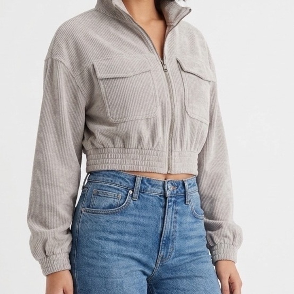 Aerie Groove-On Velour Full Zip Sweatshirt Gray Cropped Jacket Small